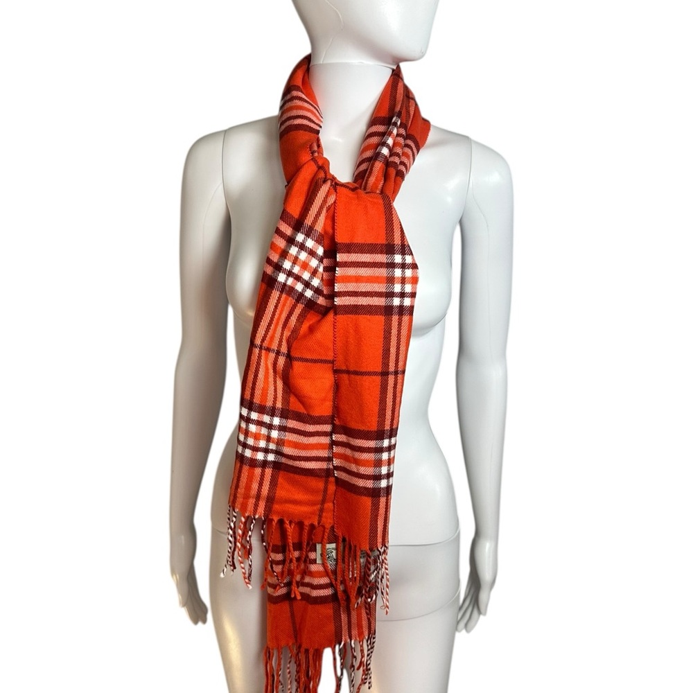 Orange Plaid Scarf Fringe Cashmere- Like Unisex